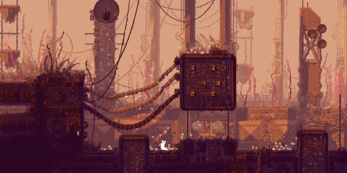 Một khu vực trong Rain World với kiến trúc đổ nát và thảm thực vật kỳ lạ