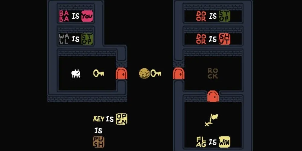 Một màn giải đố với các khối từ ngữ trong game Baba Is You.