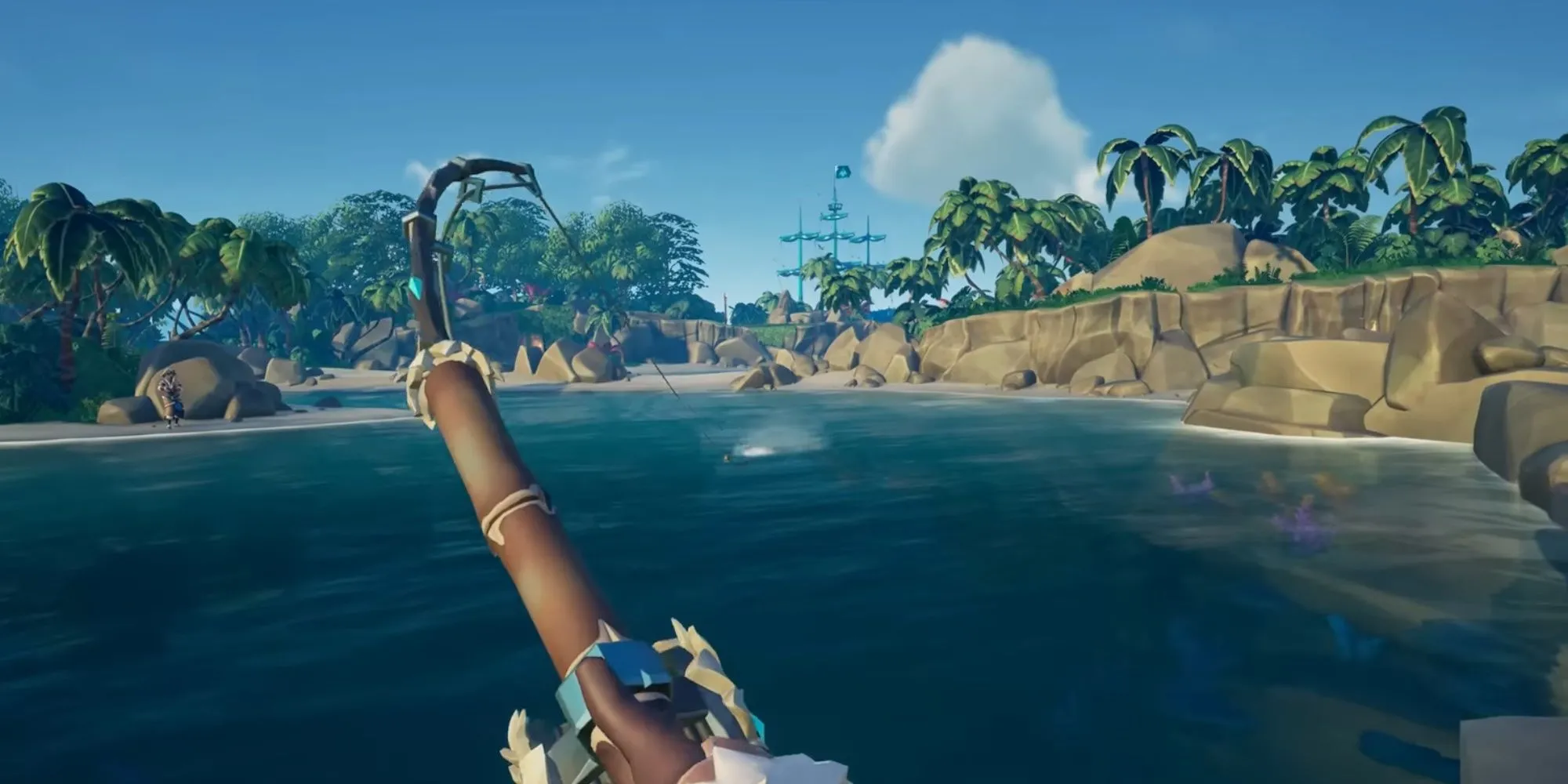 Một người chơi đang câu cá trên thuyền trong game Sea of Thieves