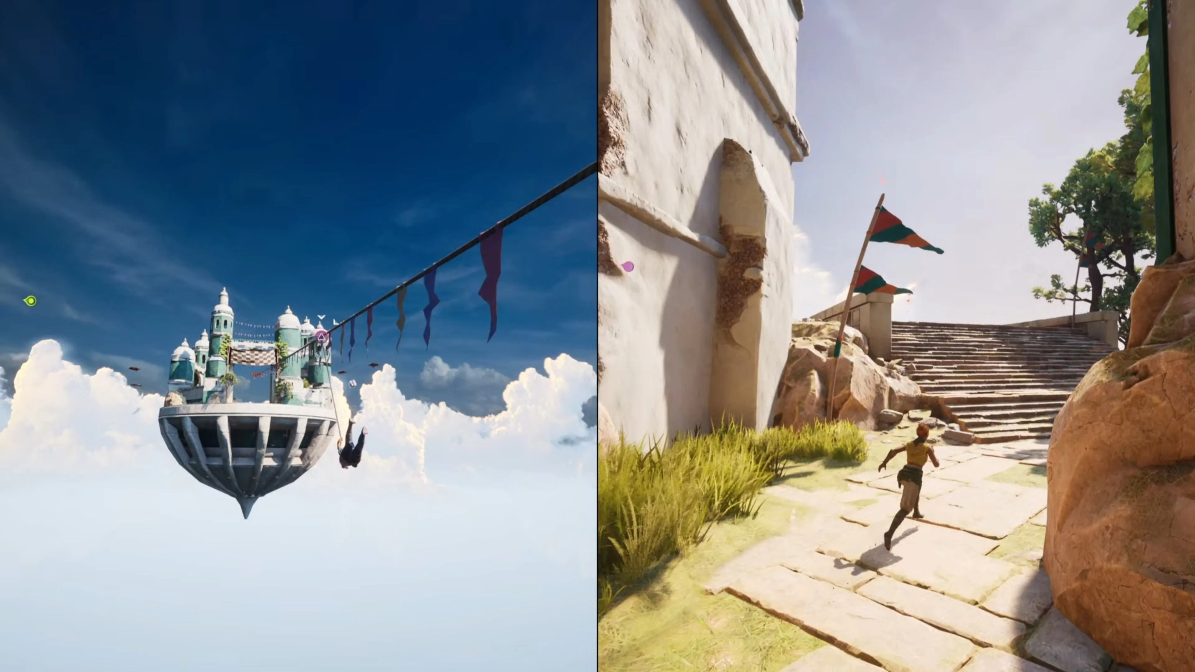 Một nhân vật cán đích đường đua Kites Split Fiction bằng cách đu zipline cuối cùng