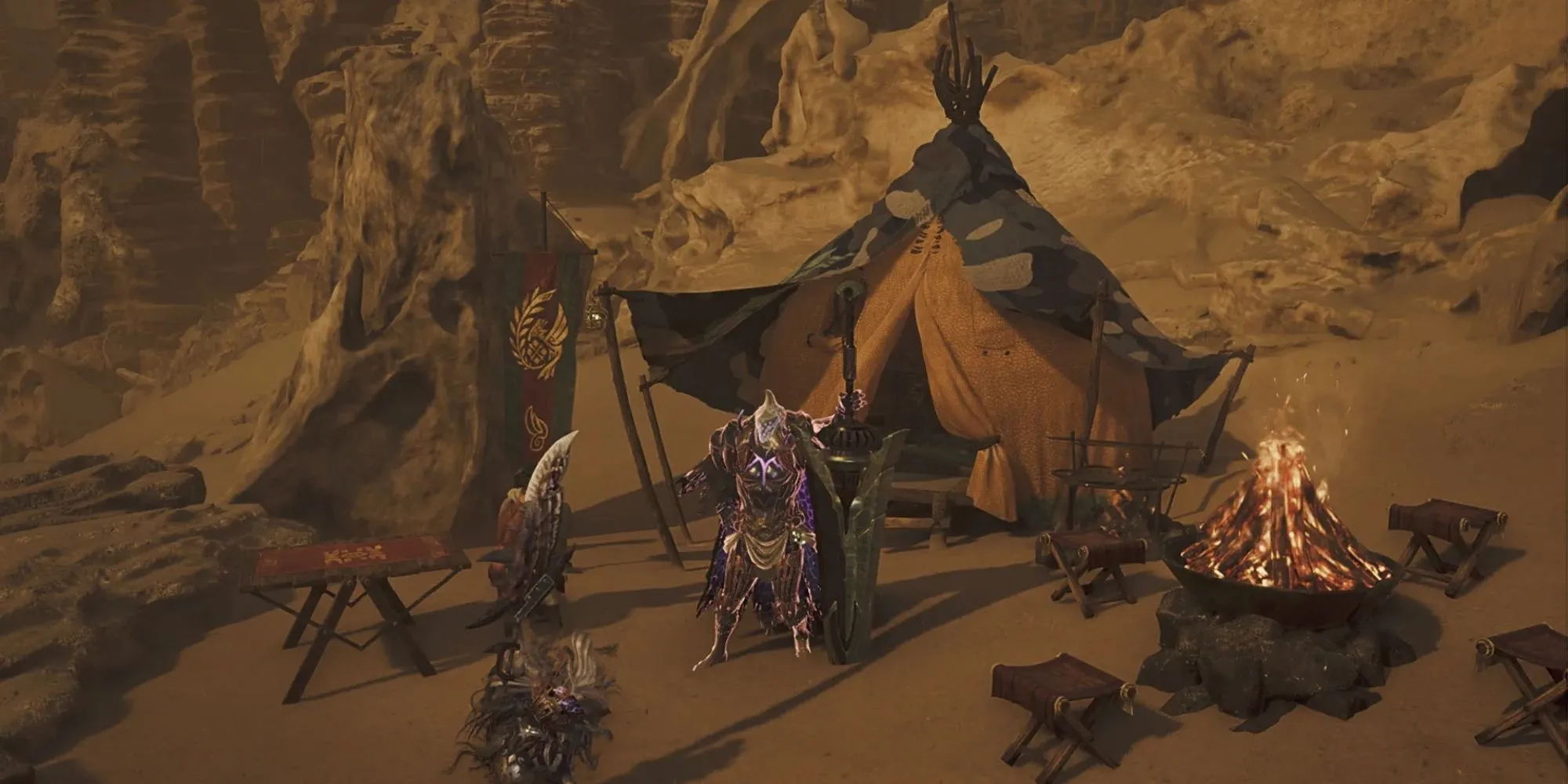 Một trong những địa điểm cắm trại dã chiến (Popup Camp) trong Monster Hunter Wilds, nơi người chơi có thể nghỉ ngơi và thay đổi trang bị