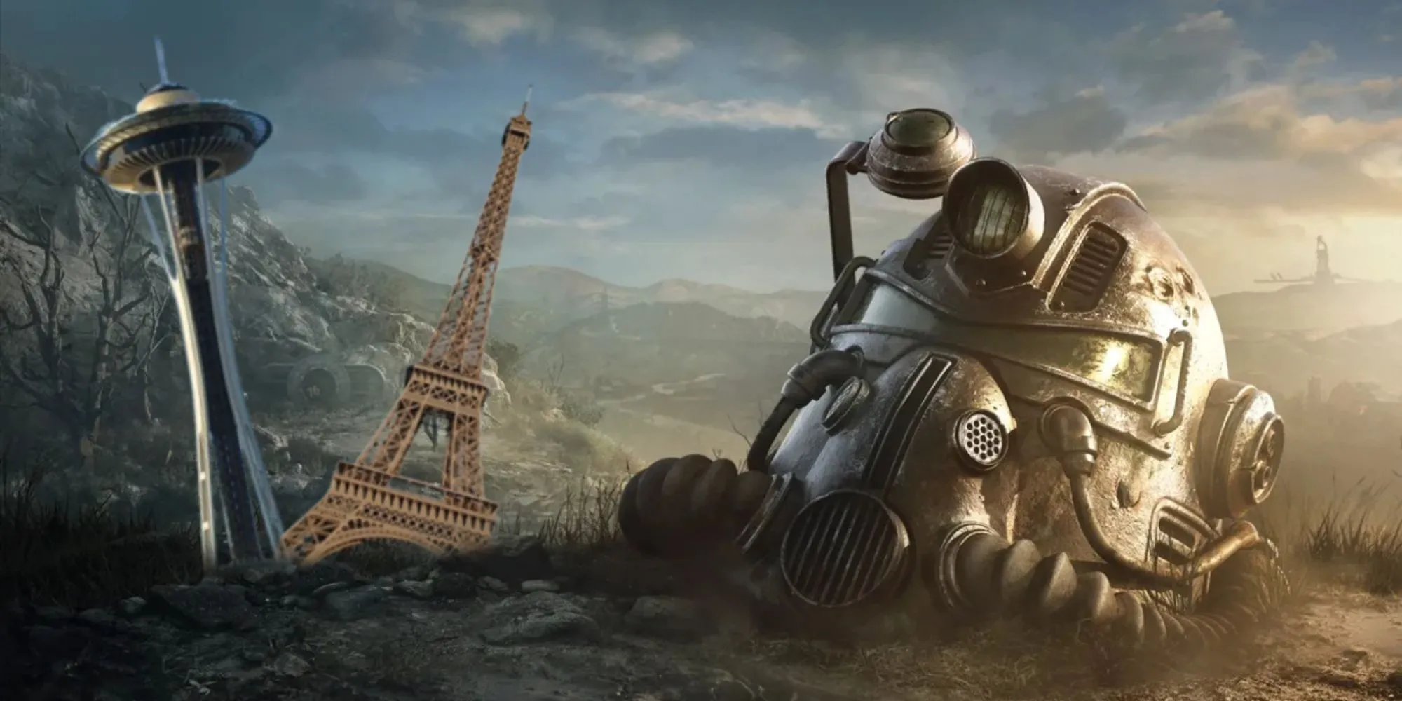 Mũ Power Armor biểu tượng của Fallout bị bỏ lại gần Tháp Eiffel và Space Needle gợi ý bối cảnh tiềm năng cho Fallout 5