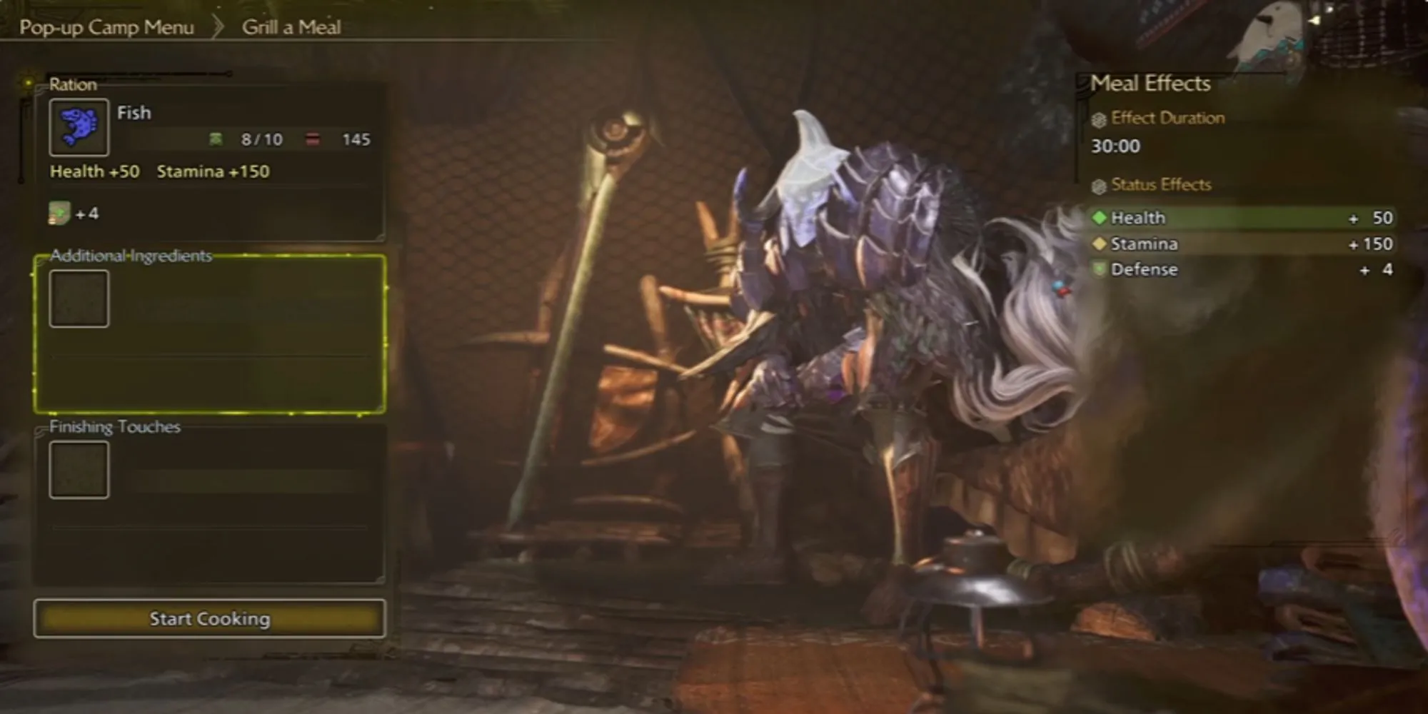 Nấu các loại cá câu được để tăng cường chỉ số cho thợ săn trong Monster Hunter Wilds.