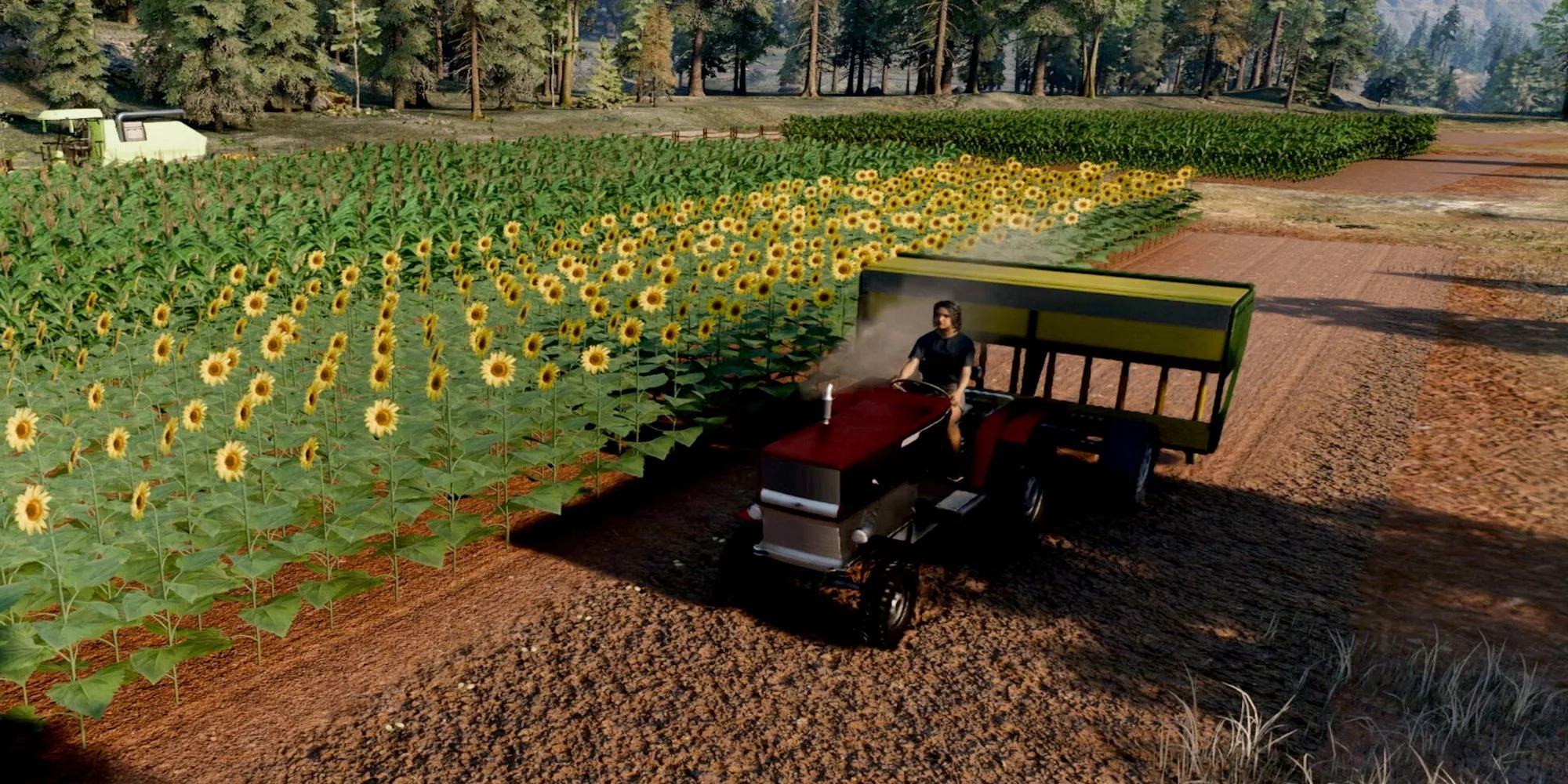 Người chơi đang lái máy kéo và thu hoạch ngô trong Ranch Simulator