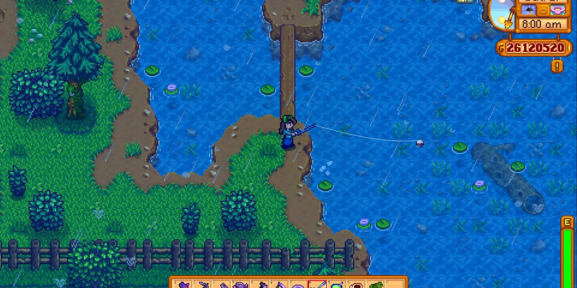 Người chơi Stardew Valley đang câu cá Huyền Thoại tại hồ nước