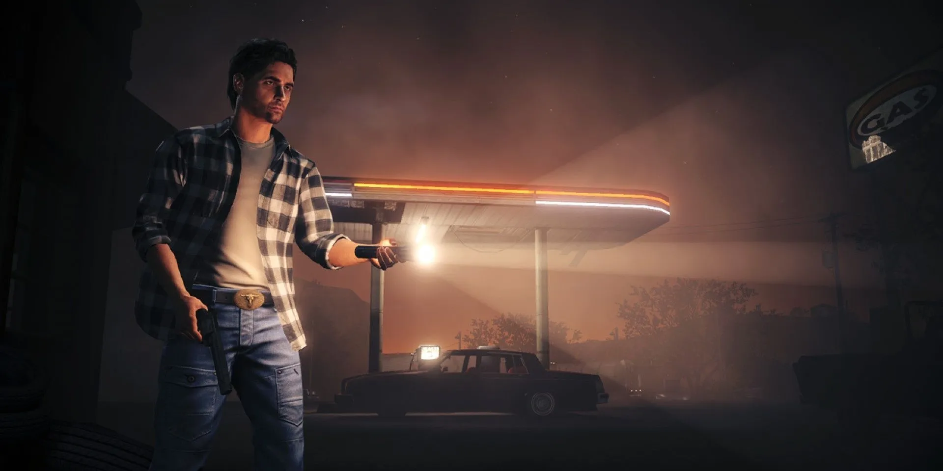 Nhân vật Alan Wake cầm đèn pin chiến đấu với bóng tối trong một khu rừng u ám