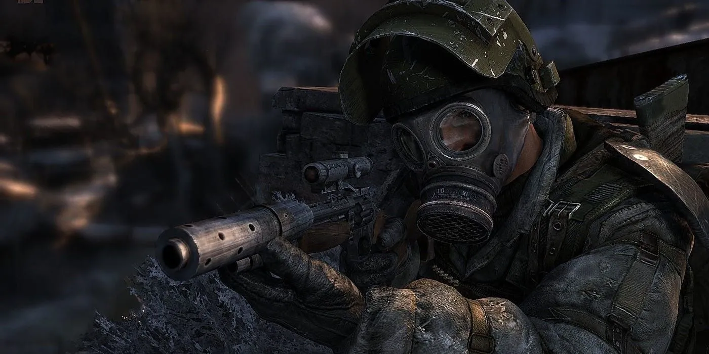Nhân vật Artyom khám phá đường hầm tối tăm trong game kinh dị sinh tồn Metro 2033 Redux