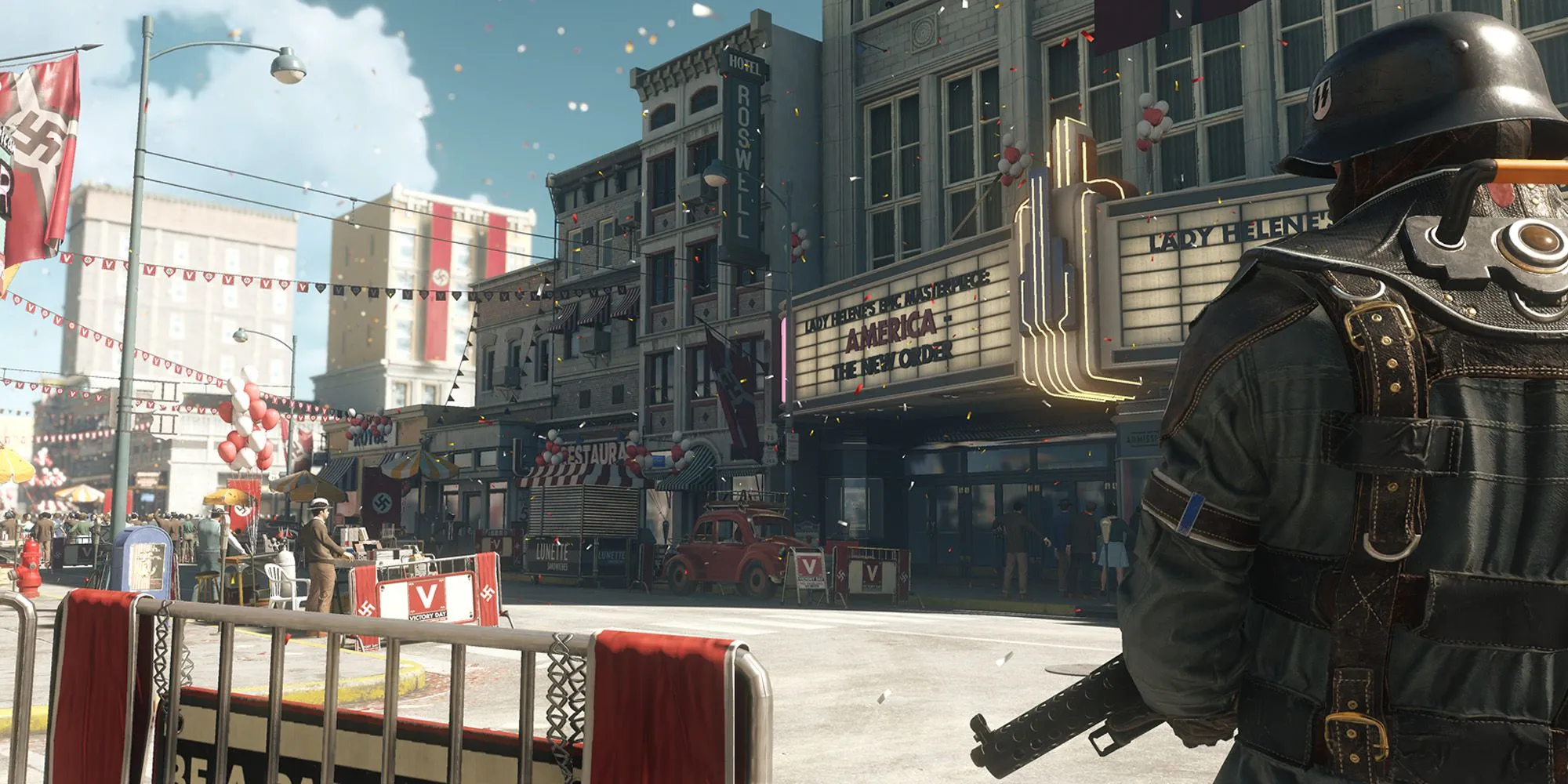Nhân vật B.J. Blazkowicz chiến đấu với lính Phát xít trong game Wolfenstein: The New Order