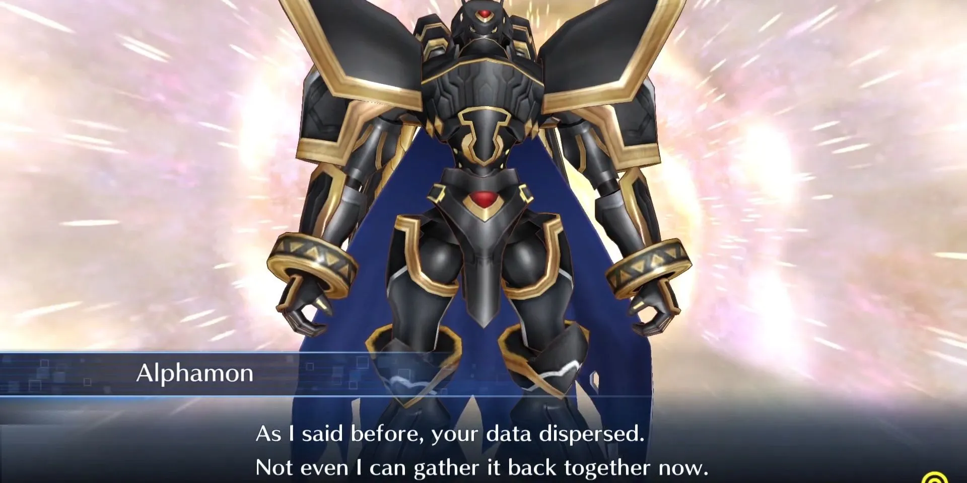 Nhân vật chính Aiba ở dạng data body đang tương tác với Alphamon trong thế giới kỹ thuật số EDEN của Digimon Story Cyber Sleuth.