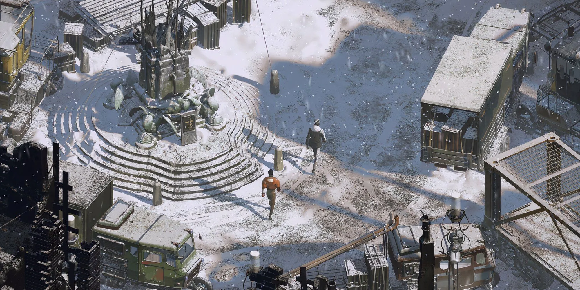 Nhân vật chính của Disco Elysium cùng đồng sự đi bộ trong tuyết bên ngoài