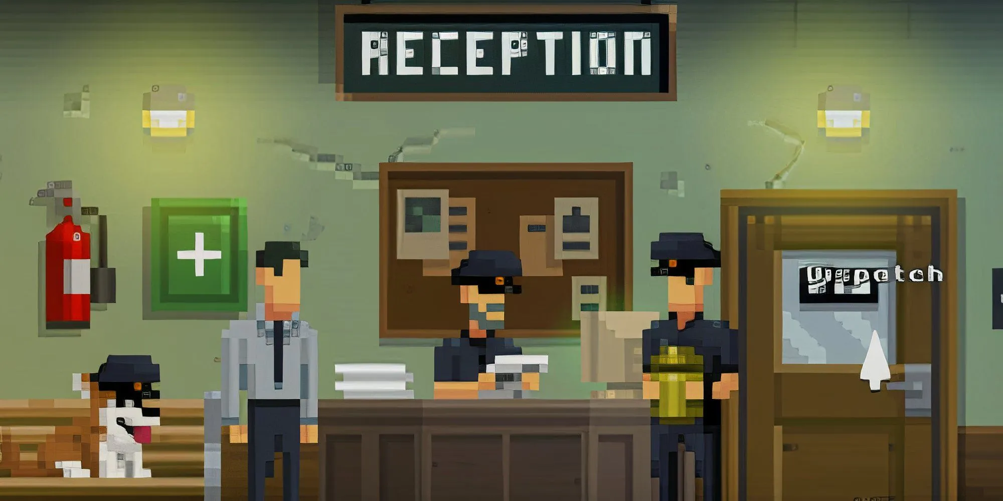 Nhân vật chính của The Darkside Detective tương tác với các nhân vật khác bên trong quầy lễ tân