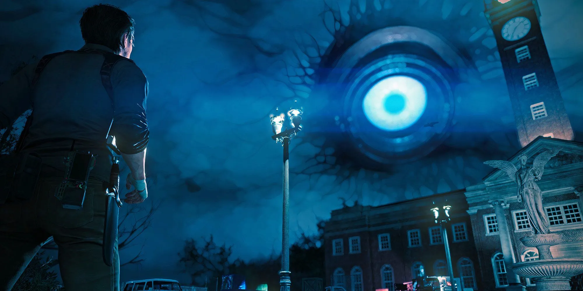 Nhân vật chính của The Evil Within 2 đang nhìn lên con mắt khổng lồ trên bầu trời
