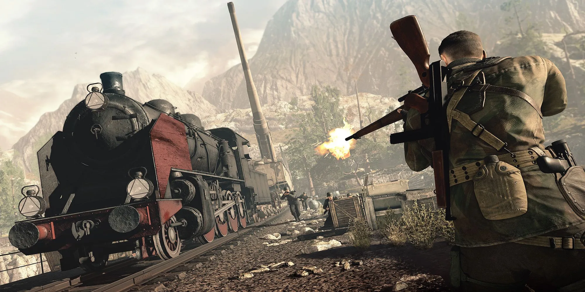 Nhân vật chính đang ngắm bắn kẻ thù trong game Sniper Elite 4 với bối cảnh chiến trường châu Âu