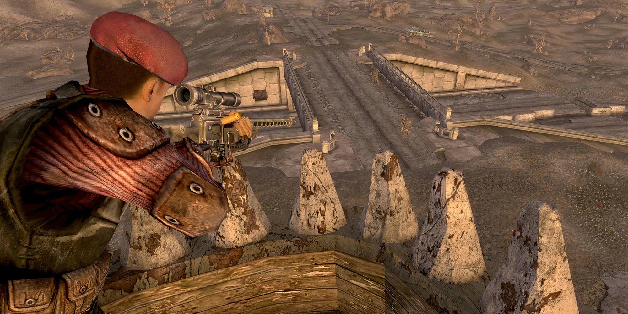 Nhân vật chính ngắm bắn từ trên cao trong Fallout: New Vegas, bối cảnh thế giới hậu tận thế với cơ chế sinh tồn khắc nghiệt