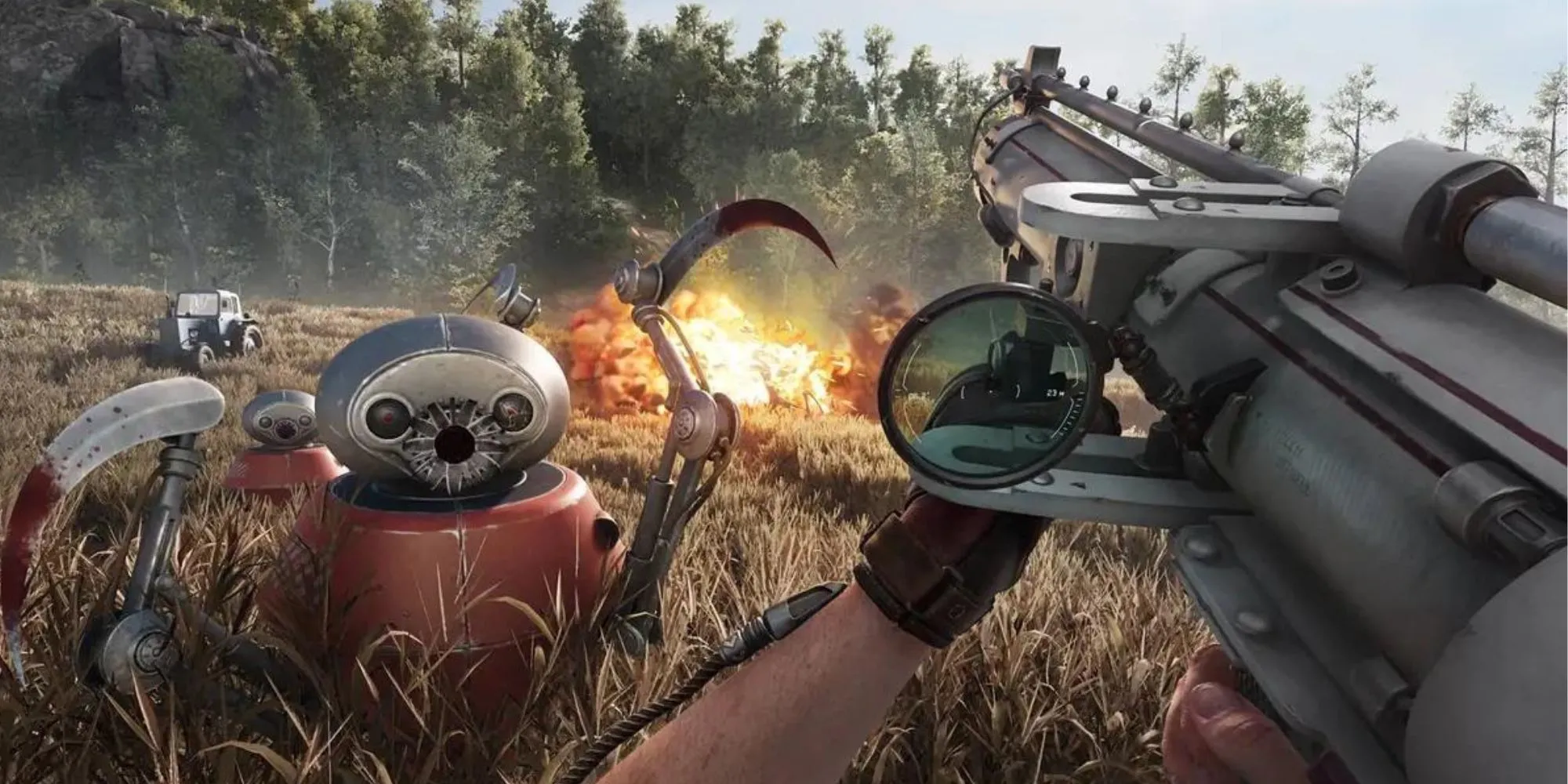 Nhân vật chính P-3 chiến đấu với robot nông nghiệp trong Atomic Heart