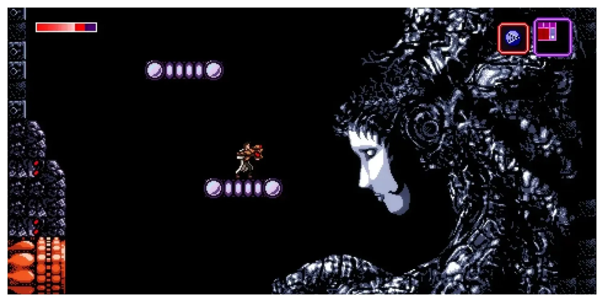 Nhân vật chính Trace trong Axiom Verge khám phá thế giới pixel art kỳ lạ