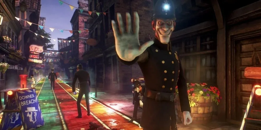 Nhân vật chính trong We Happy Few với khuôn mặt cười gượng gạo giữa một thế giới đầy màu sắc giả tạo