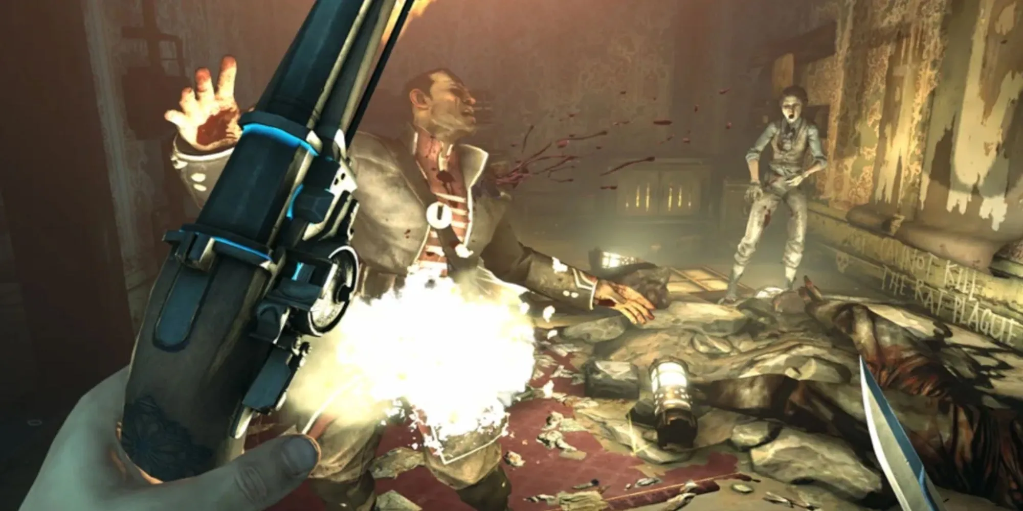 Nhân vật Corvo Attano nhìn xuống thành phố Dunwall trong Dishonored