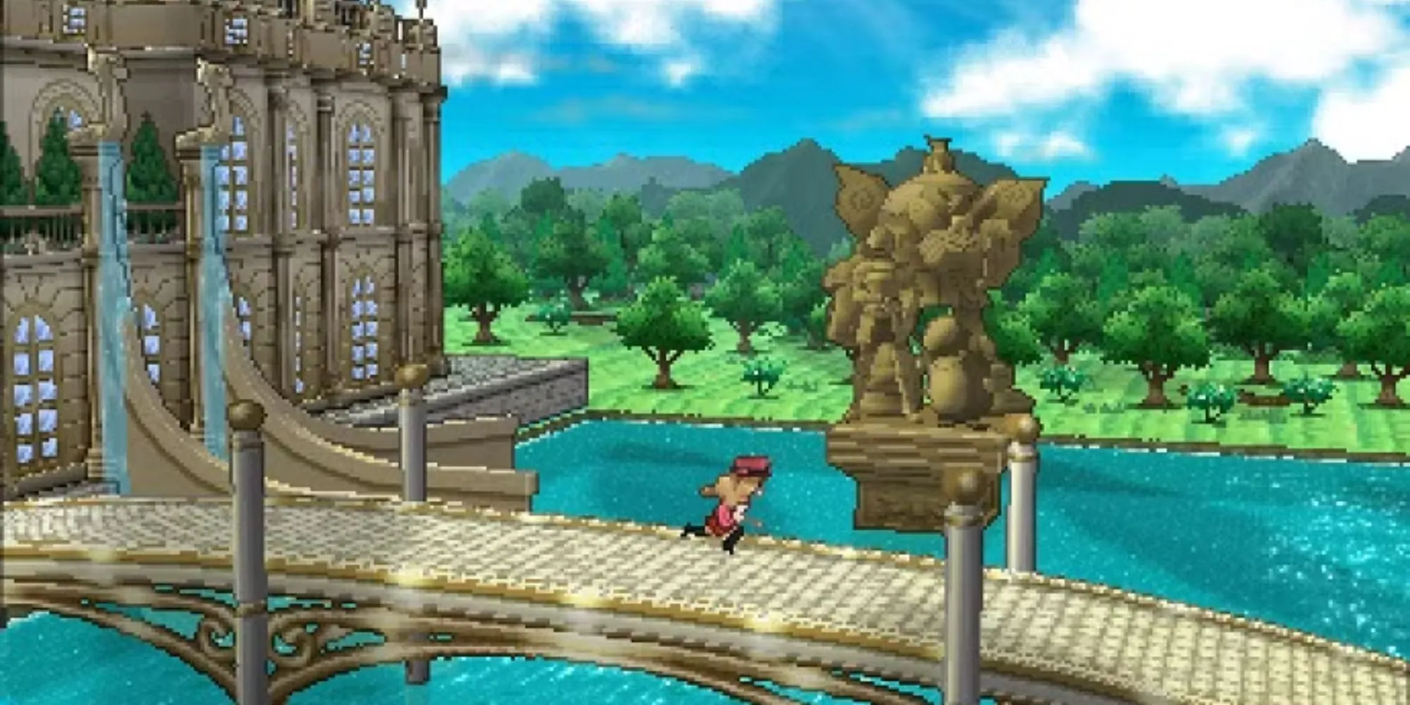 Nhân vật đang chạy qua một cây cầu trong Pokemon X and Y