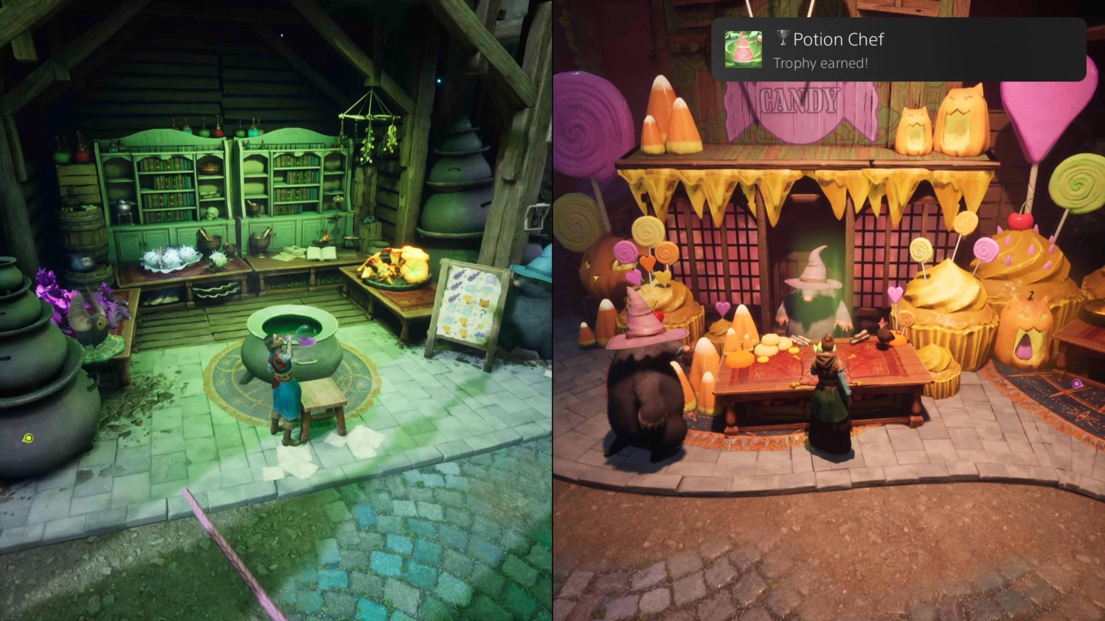 Nhân vật đang pha chế độc dược để nhận trophy Potion Chef ở Chợ Mặt Trăng Split Fiction