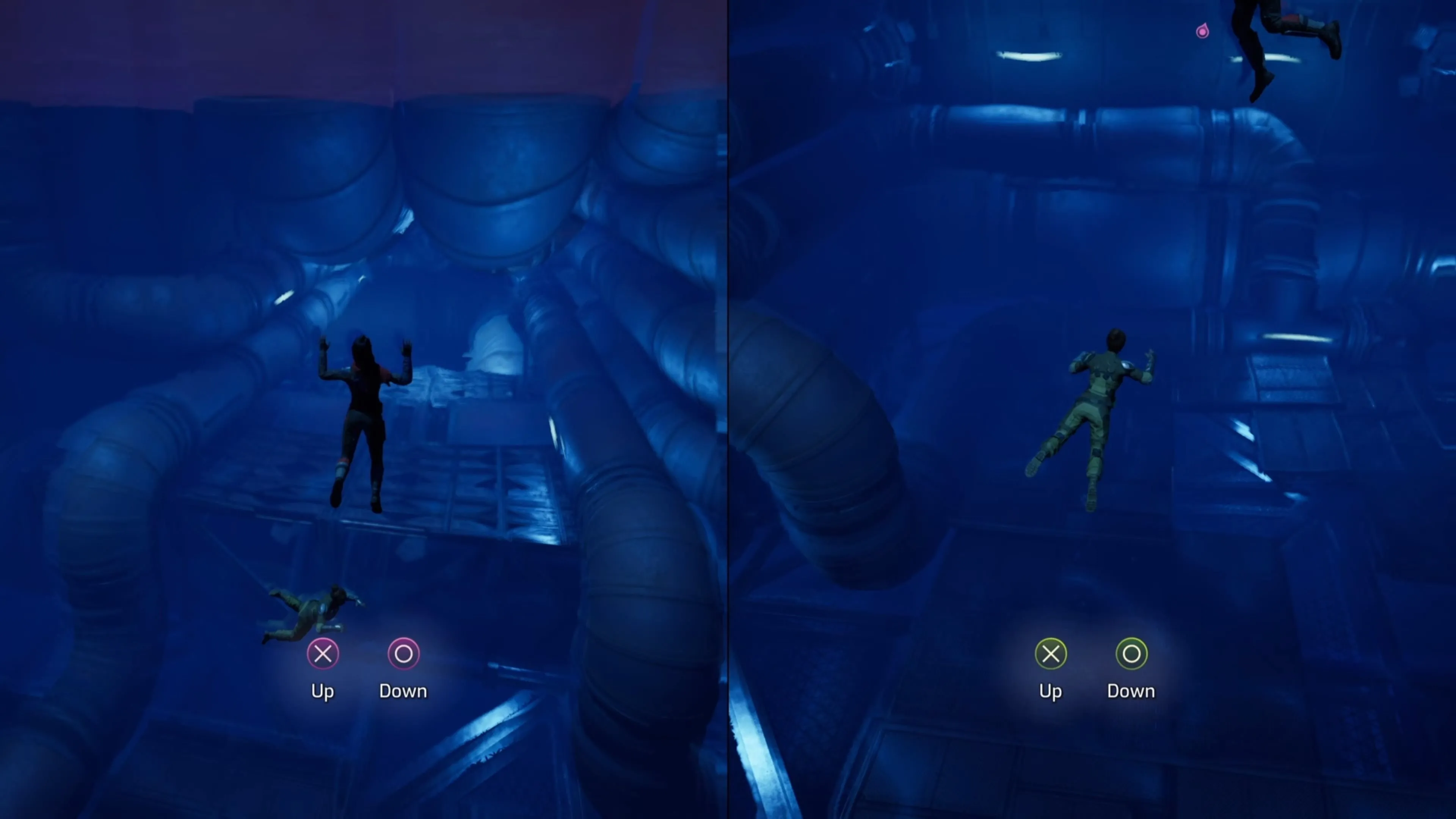 Nhân vật game Split Fiction đang bơi dưới nước hướng về phía một gờ đá