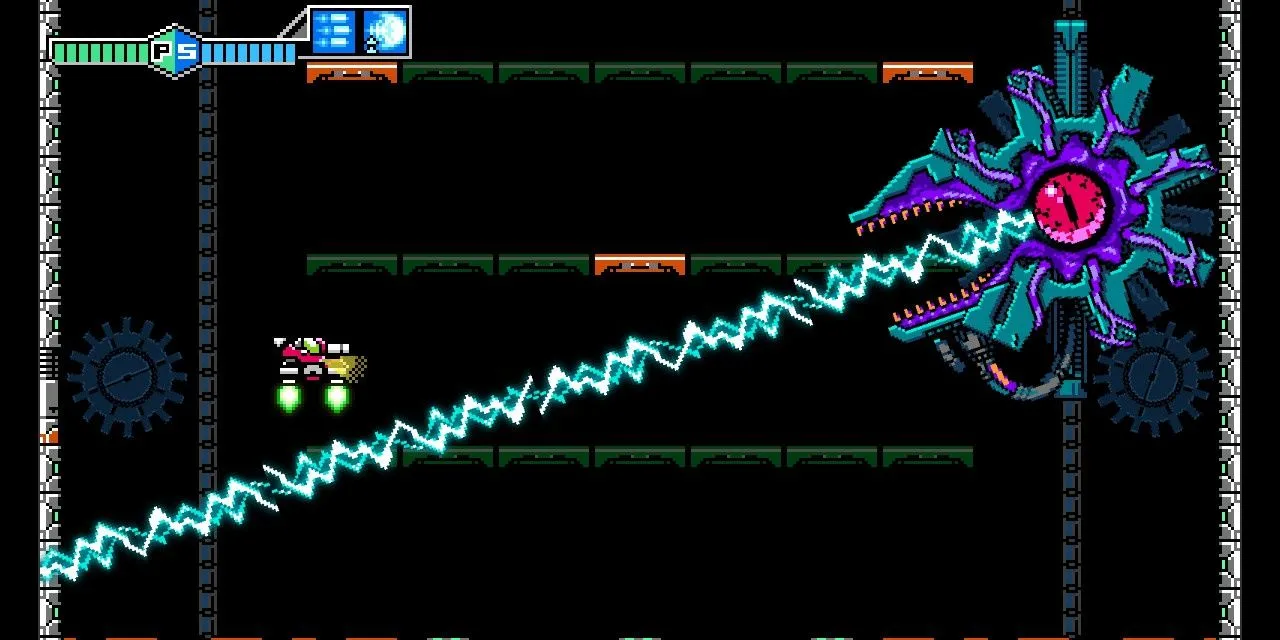 Nhân vật Jason điều khiển xe tăng SOPHIA chiến đấu với boss Central Gear trong Blaster Master Zero