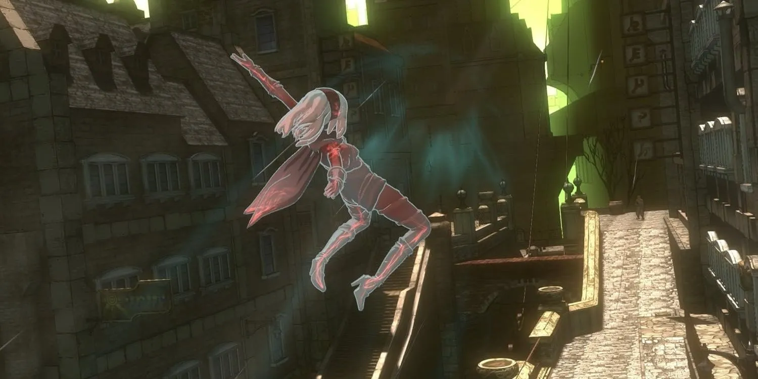 Nhân vật Kat thay đổi trọng lực, lơ lửng giữa thành phố trong Gravity Rush