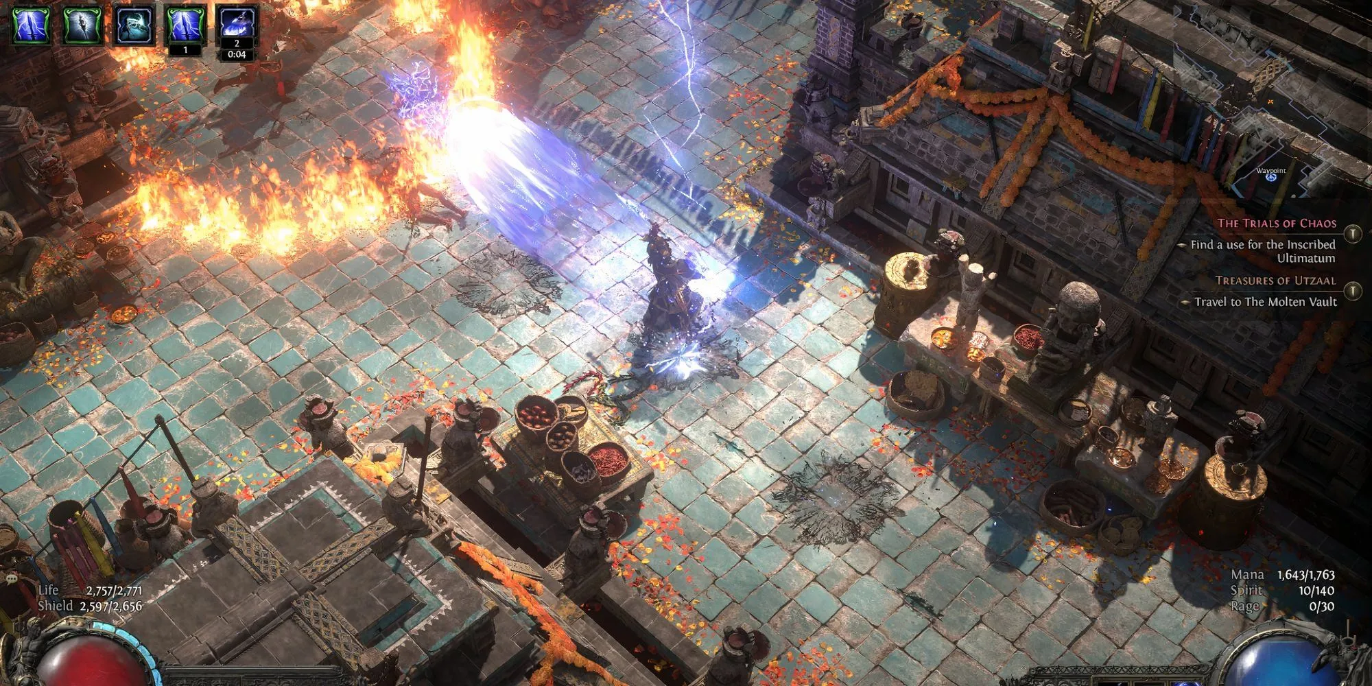 Nhân vật Mercenary trong Path of Exile 2 sử dụng kỹ năng Charged Staff tạo ra sóng xung kích sét ấn tượng