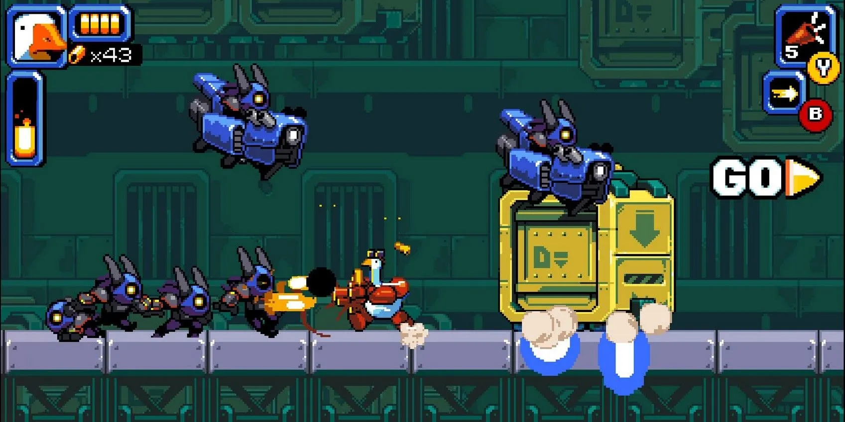 Nhân vật Mighty Goose chiến đấu với bầy kẻ thù trong một cảnh game hỗn loạn