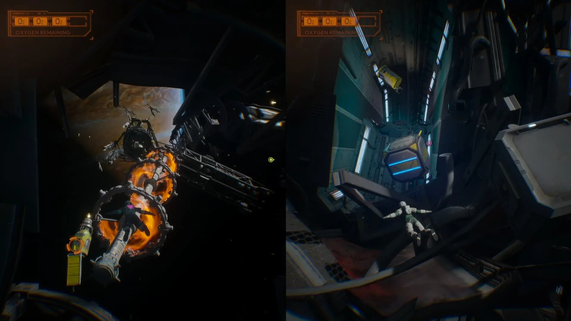 Nhân vật Mio đu dây grapple giữa không gian bao la trong màn chơi Space Escape của Split Fiction