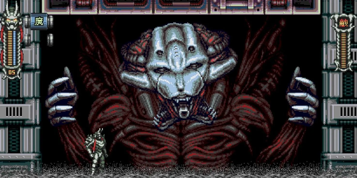 Nhân vật Moonrider trong Vengeful Guardian đang thực hiện một pha hành động tốc độ cao
