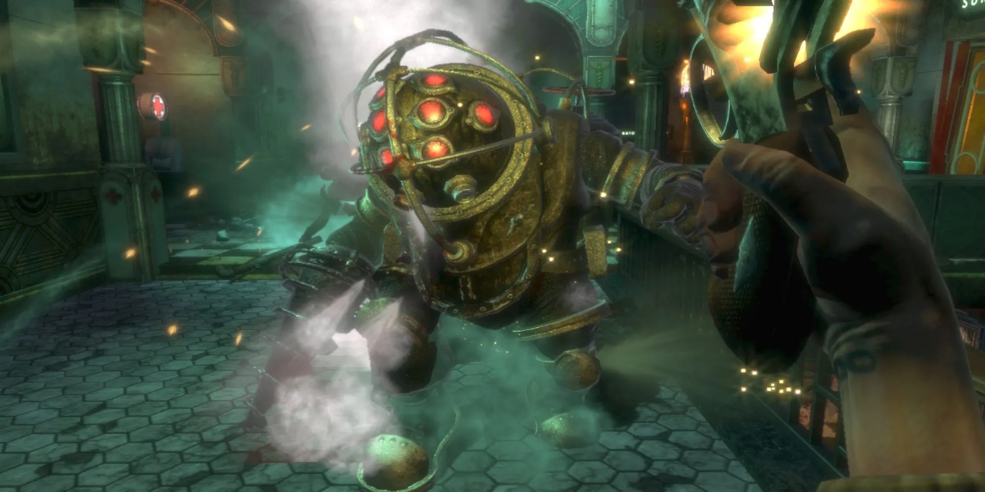 Nhân vật người chơi trong BioShock đối mặt với một Big Daddy to lớn trong thành phố dưới nước Rapture