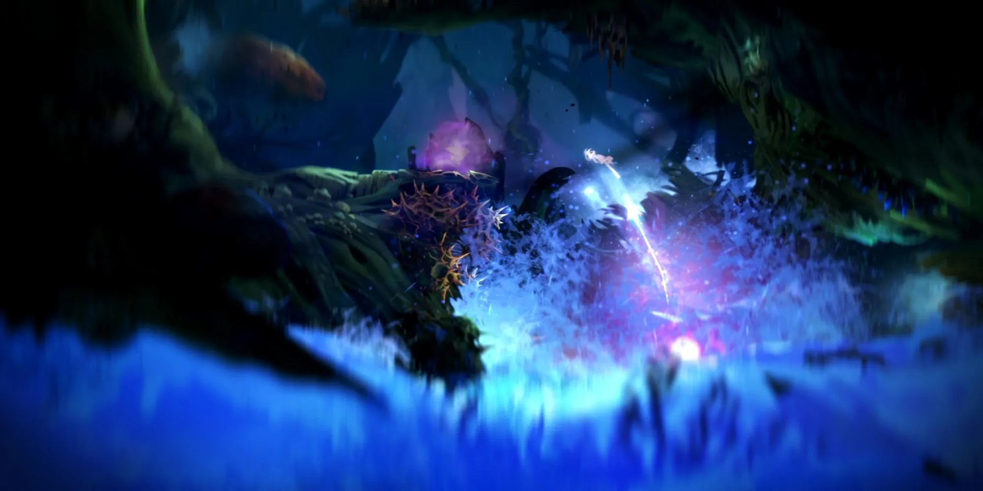 Nhân vật Ori đứng giữa khu rừng Nibel huyền ảo trong Ori and the Blind Forest