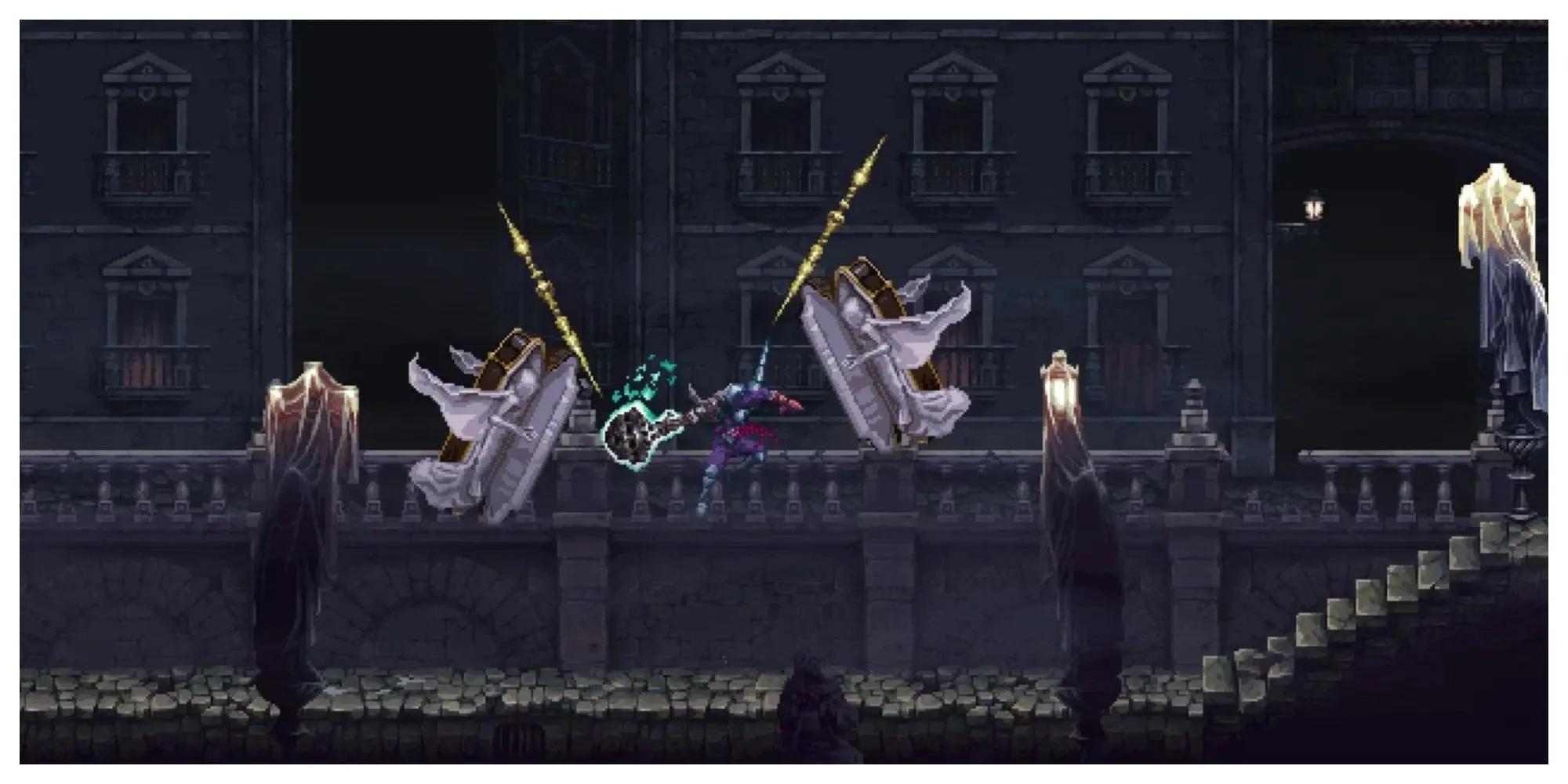 Nhân vật Penitent One trong Blasphemous 2 với khung cảnh pixel art u ám