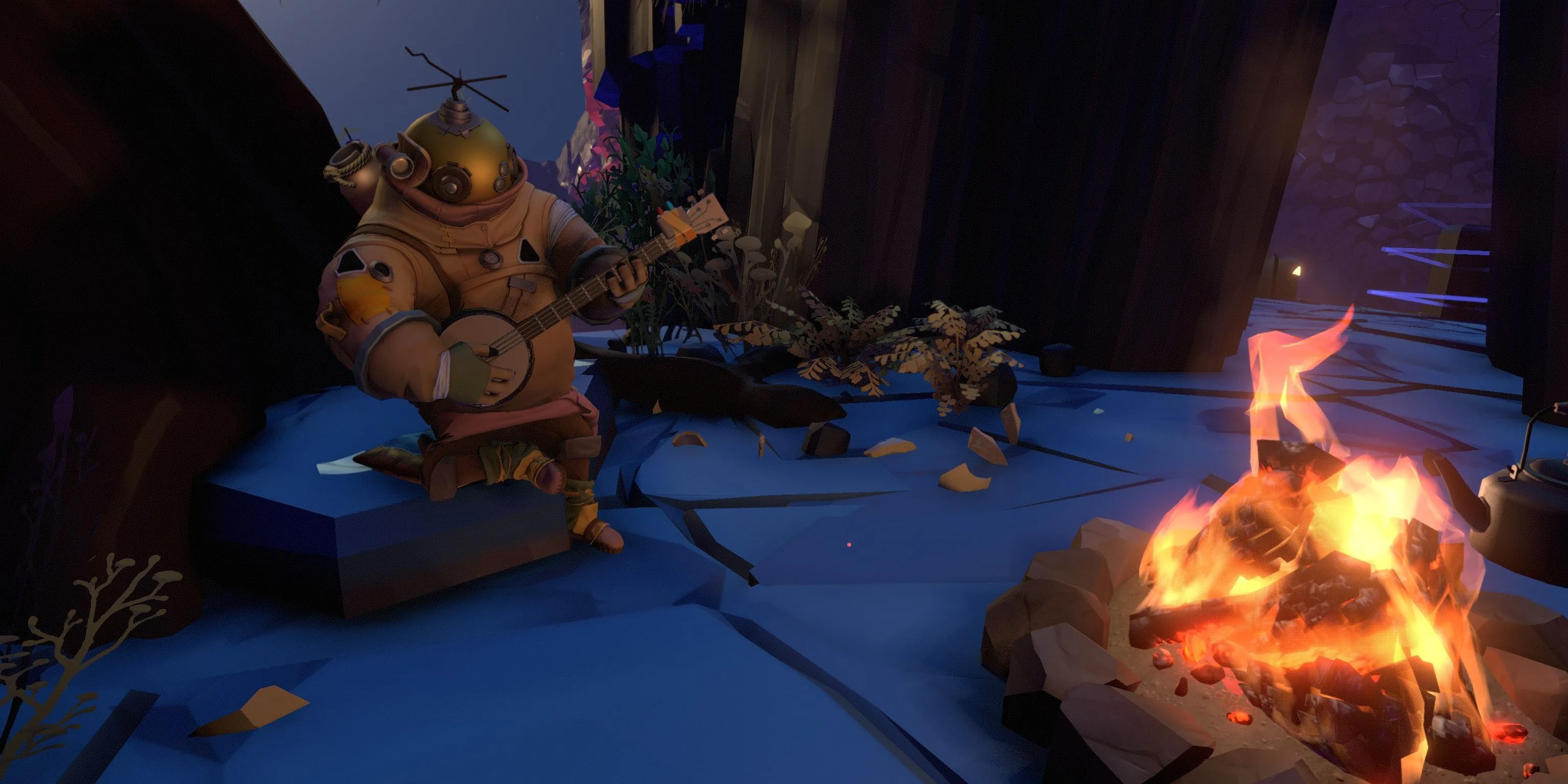 Nhân vật phi hành gia ngồi bên lửa trại trong game khám phá vũ trụ Outer Wilds