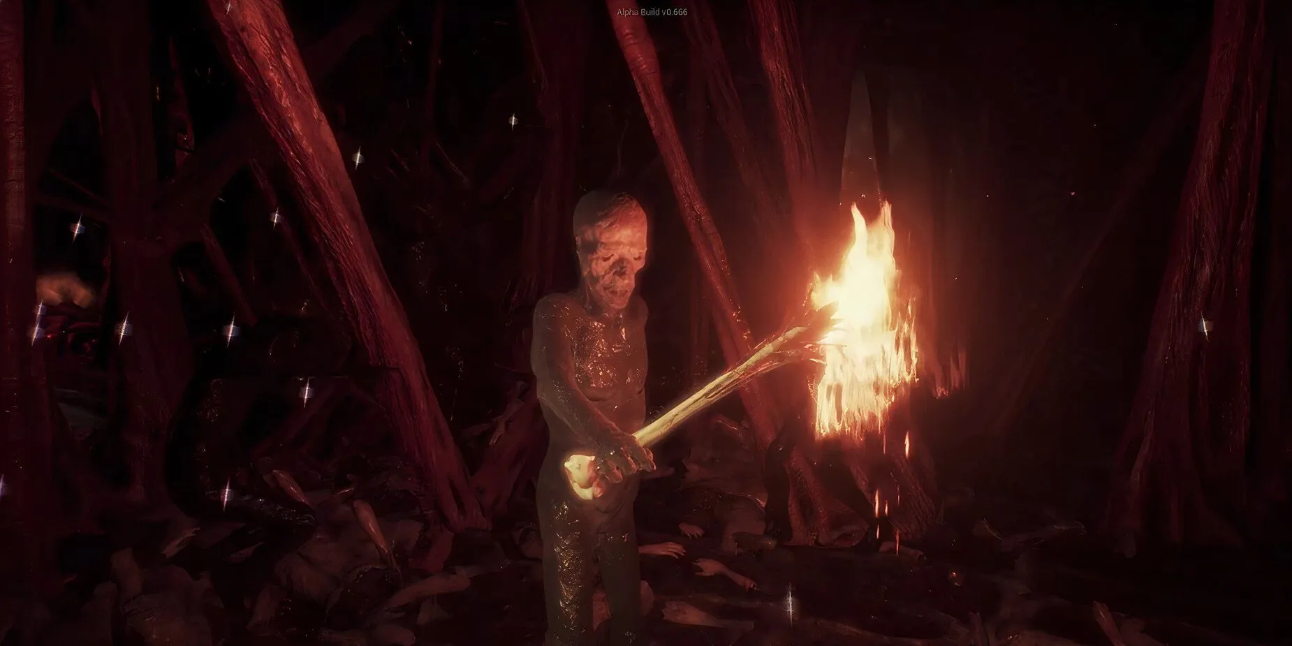 Nhân vật quỷ Alpha Demon trong game Agony cầm đuốc giữa khung cảnh địa ngục.