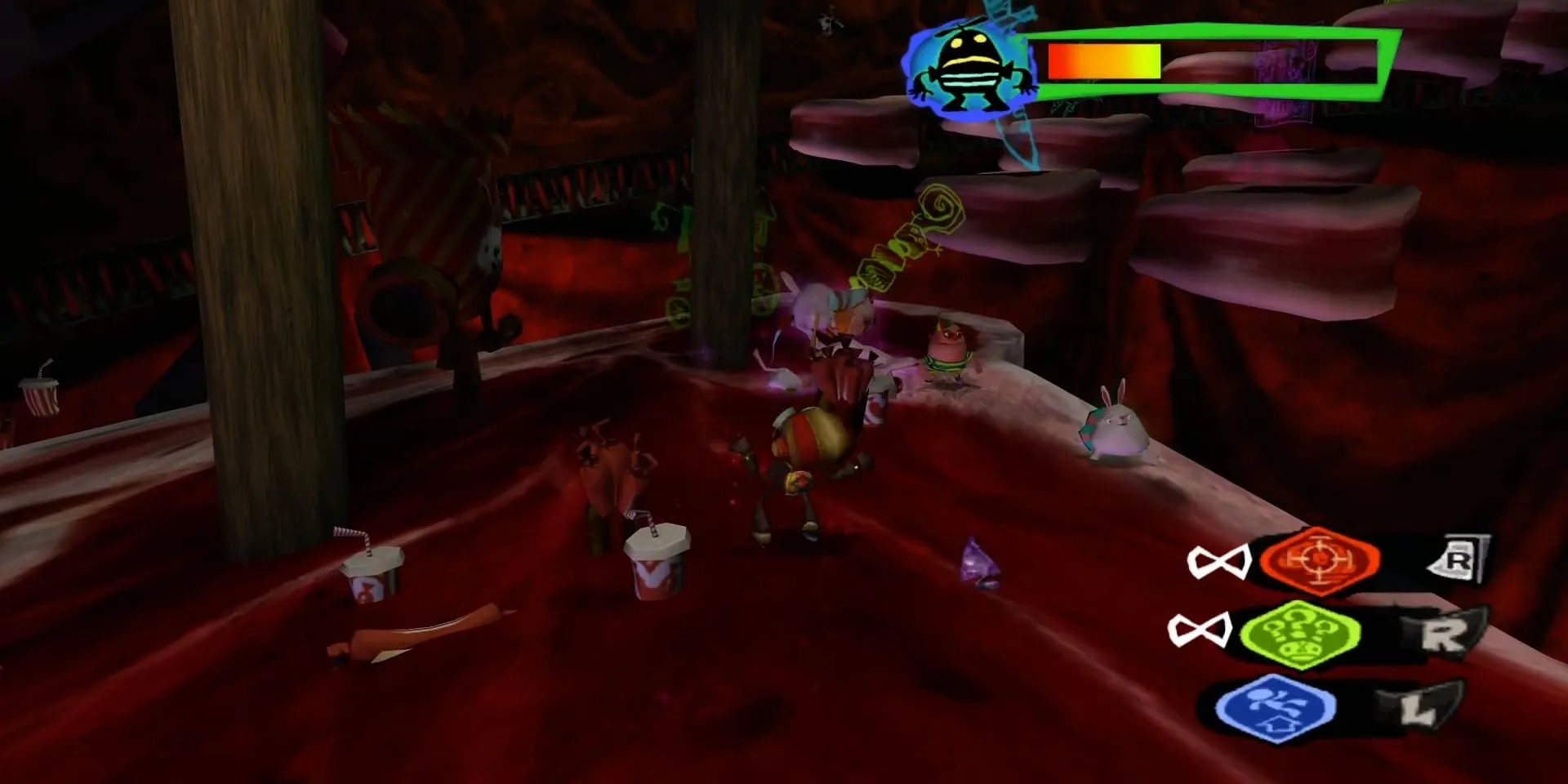 Nhân vật Raz cố gắng bảo vệ Lil trong màn Meat Circus đầy thử thách của Psychonauts
