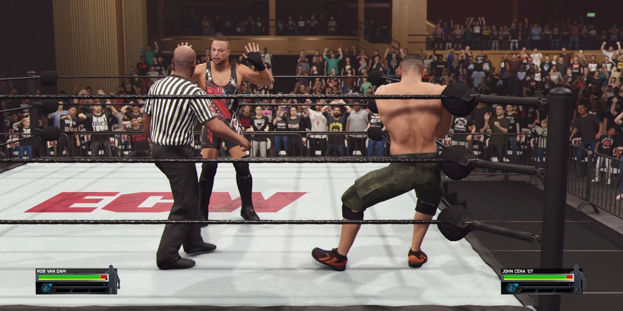 Nhân vật RVD thực hiện đòn đánh lén sau khi Chain Wrestling kết thúc trong WWE 2K25