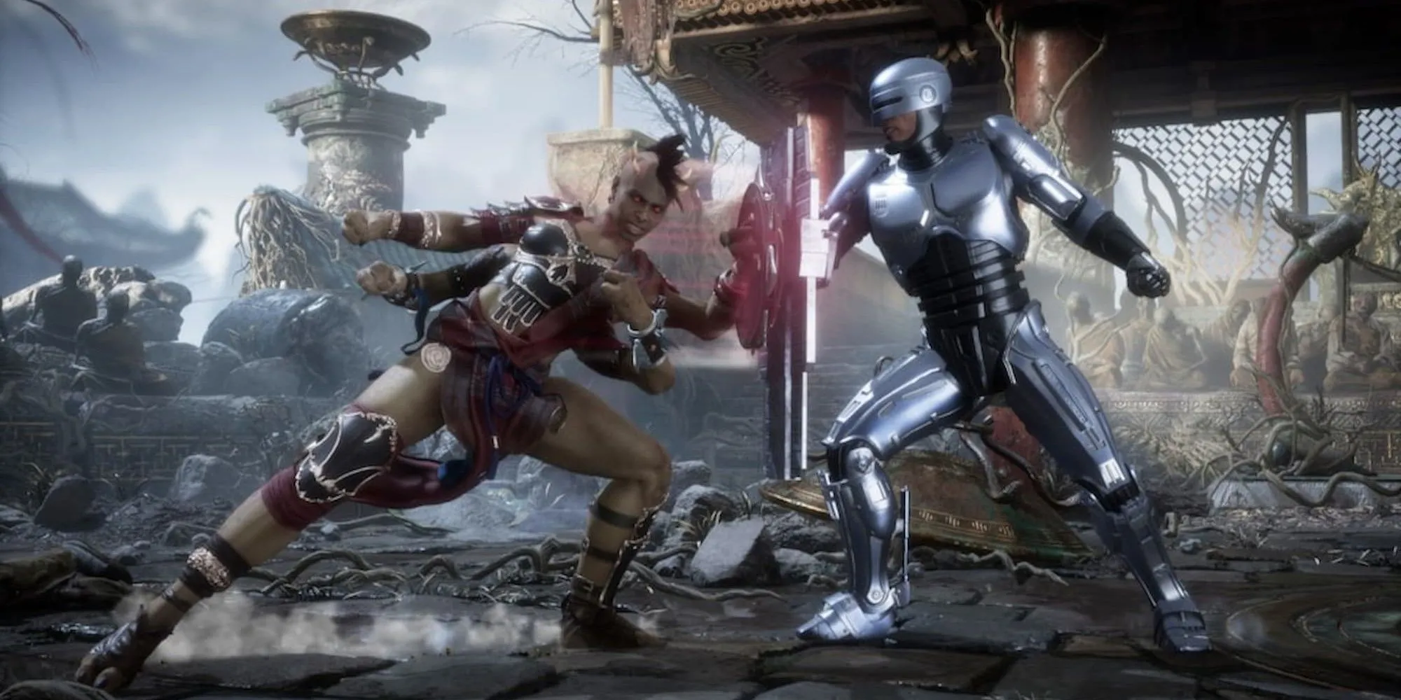 Nhân vật Sheeva và Robocop trong trận đấu game Mortal Kombat 11 đồ họa cực chất