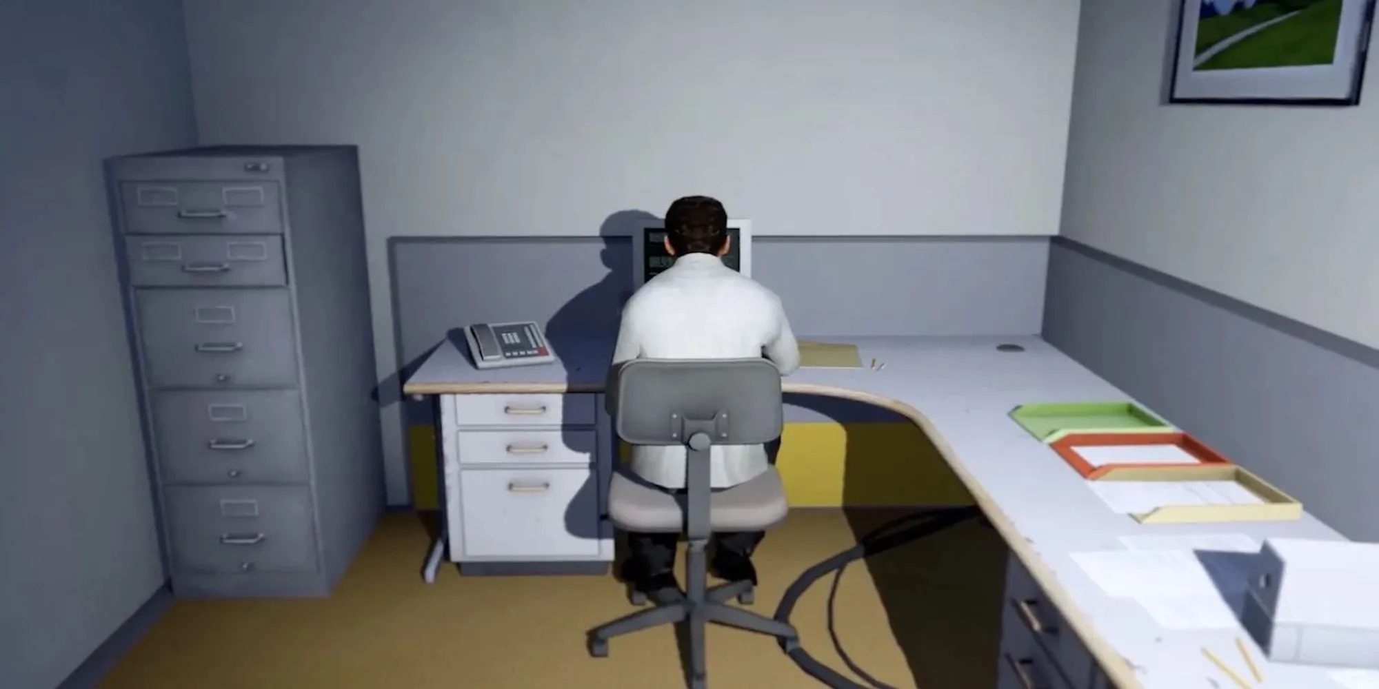 Nhân vật Stanley ngồi tại bàn làm việc trong The Stanley Parable