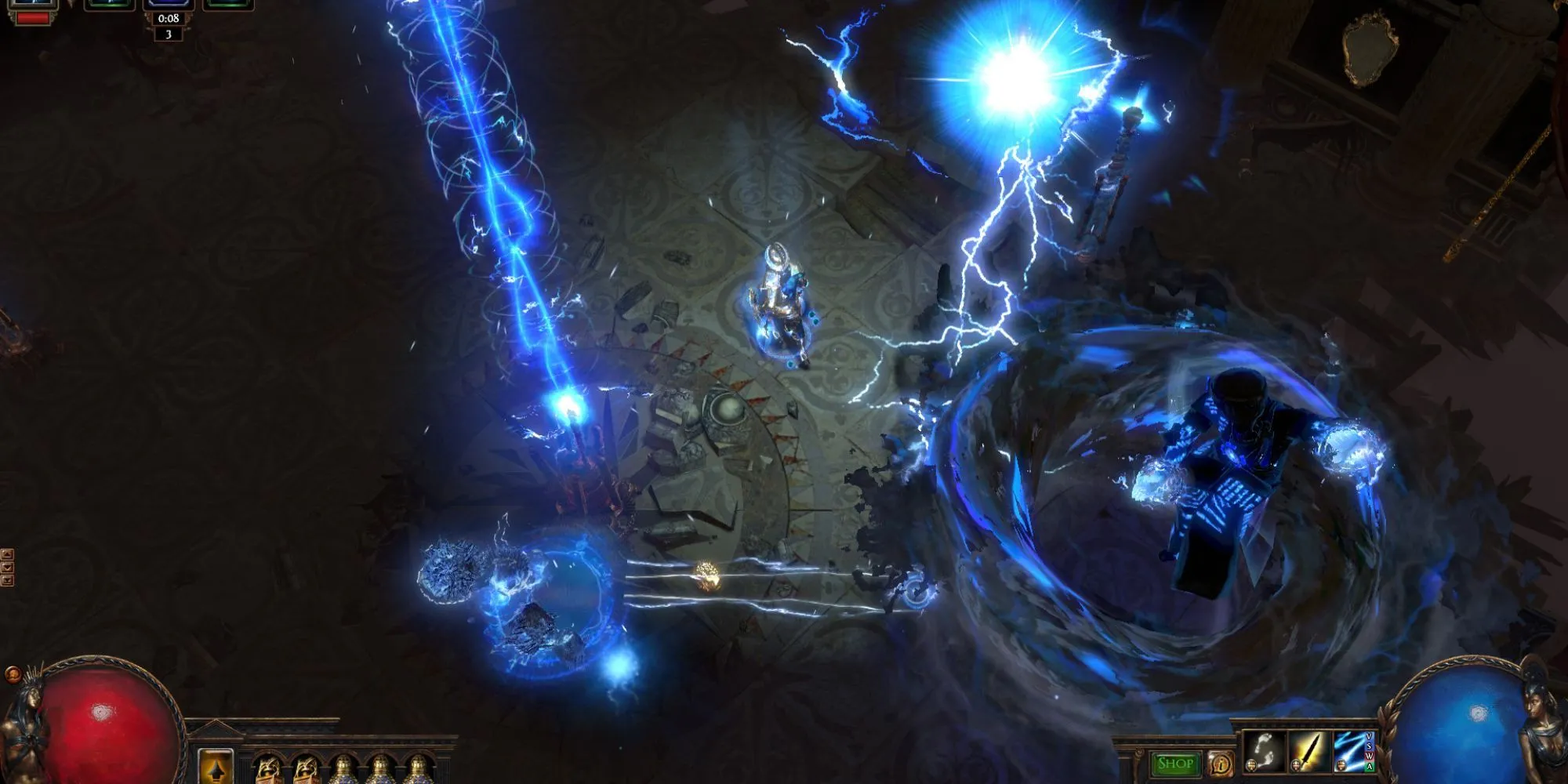 Nhân vật sử dụng chiêu thức sét đánh trong game Path of Exile