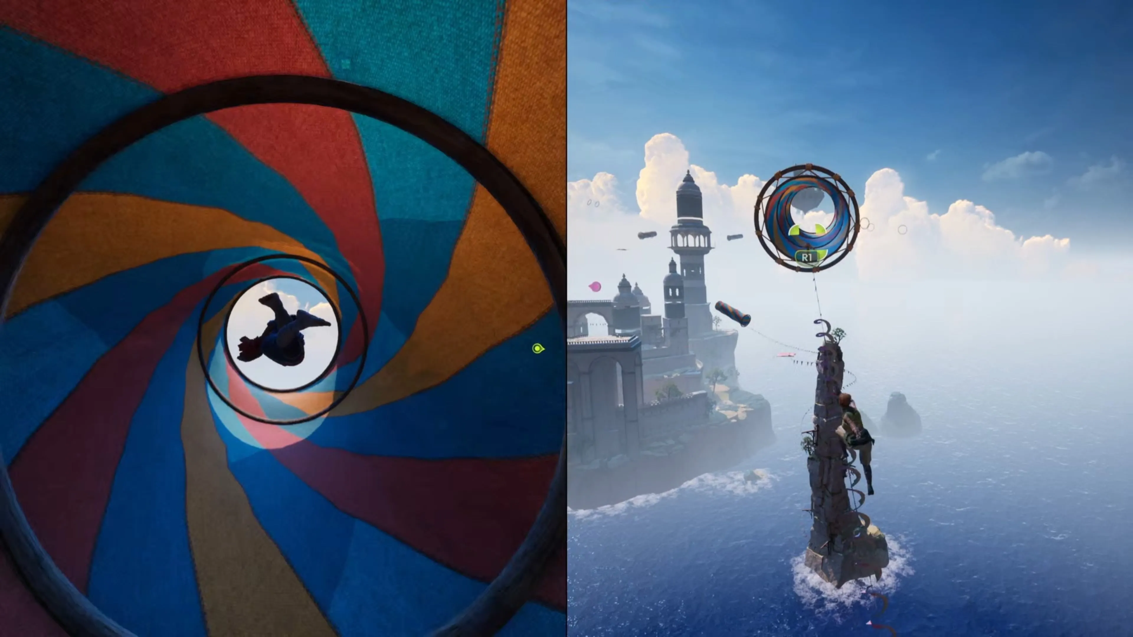 Nhân vật sử dụng móc kéo để tăng tốc trên đường đua zipline Kites của Split Fiction