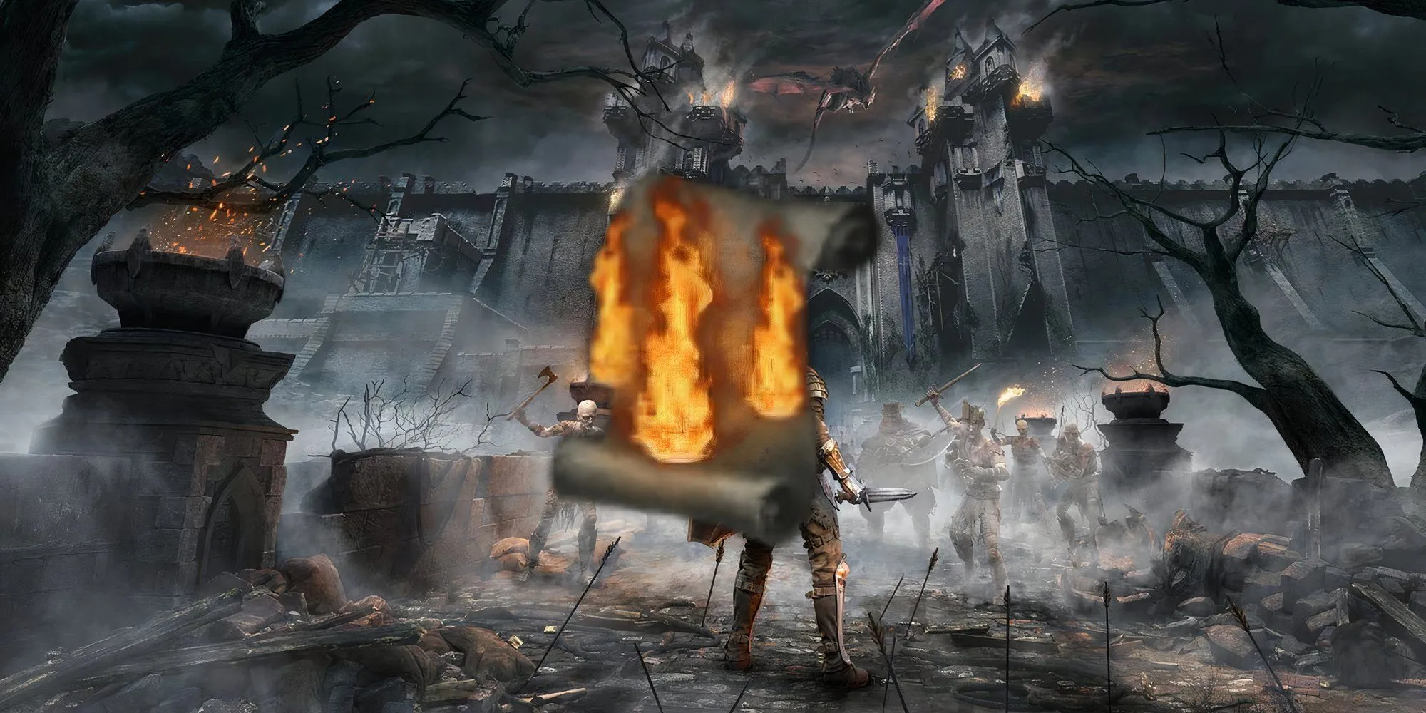 Nhân vật sử dụng Pyromancy Firestorm tạo ra cột lửa ngẫu nhiên xung quanh trong Demon's Souls