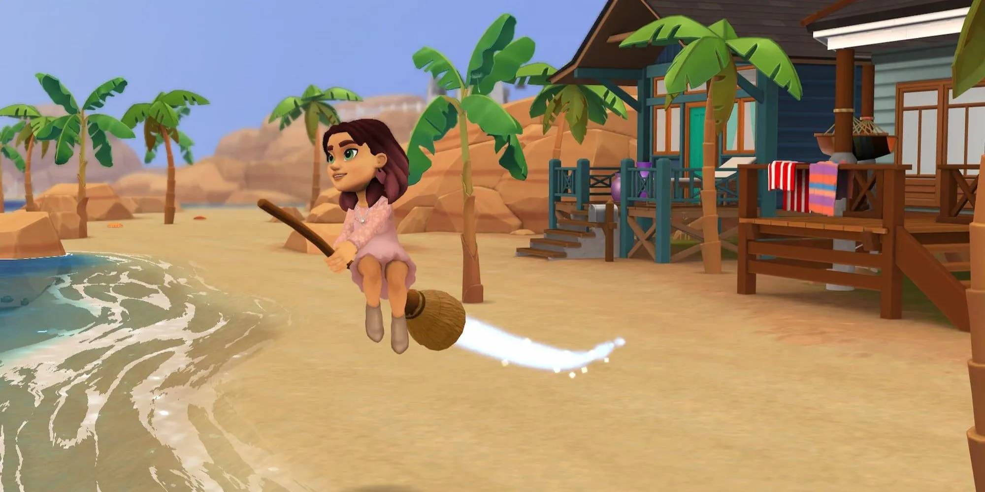 Nhân vật Tara cưỡi chổi bay lượn trên bầu trời đêm trong game Wylde Flowers