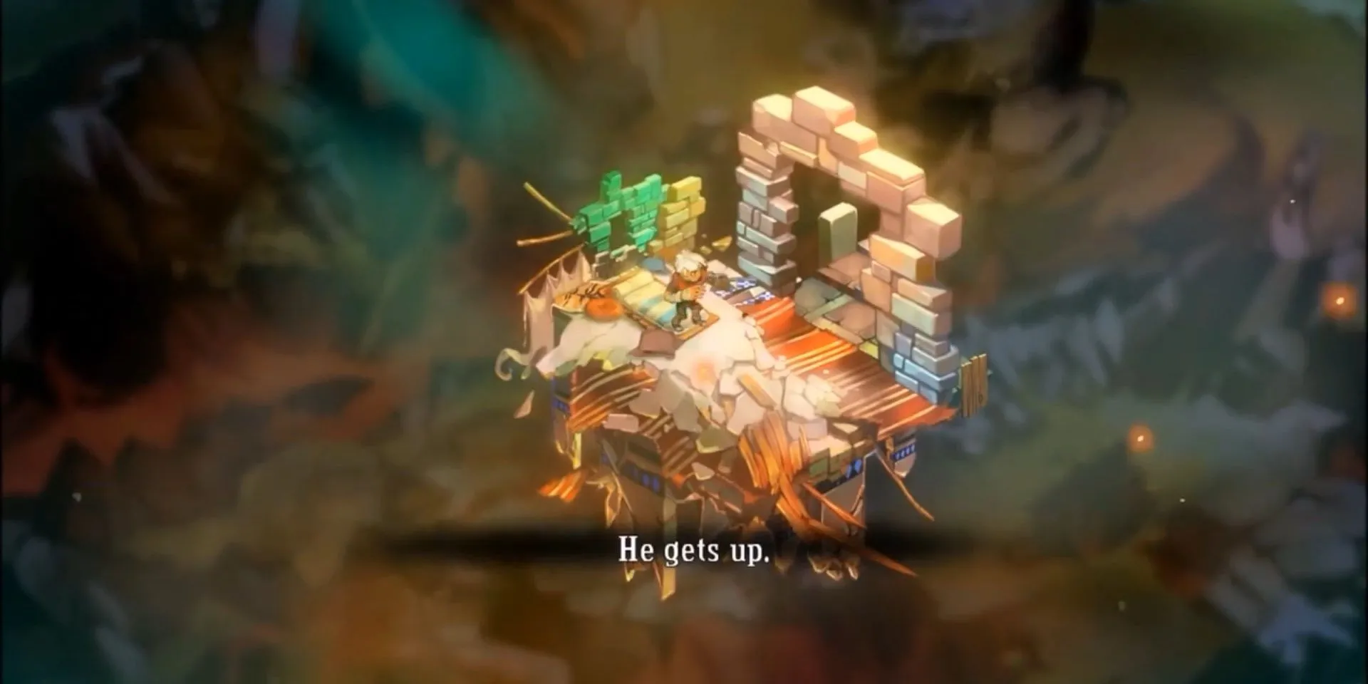 Nhân vật The Kid tỉnh dậy trong thế giới đổ nát của Bastion, mở đầu cho câu chuyện