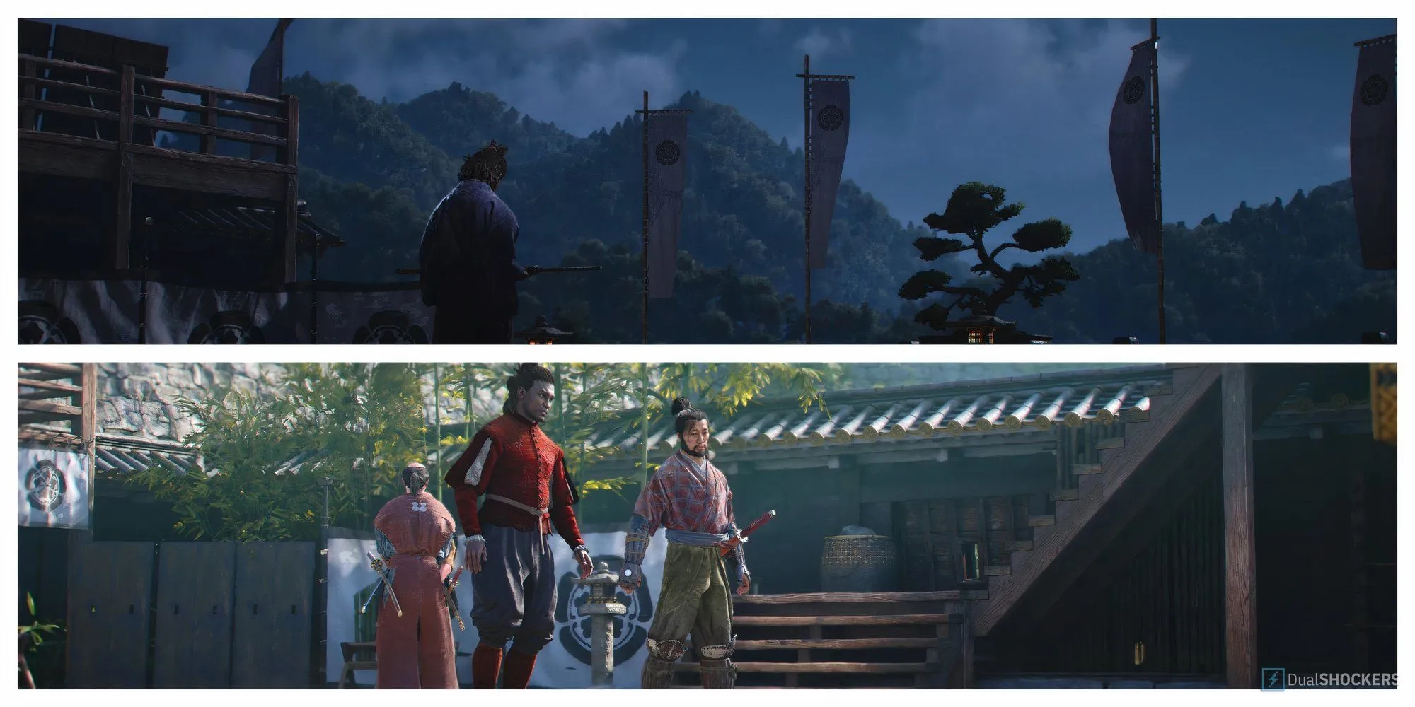 Nhân vật trong Assassin's Creed Shadows đứng giữa khung cảnh Nhật Bản cổ kính