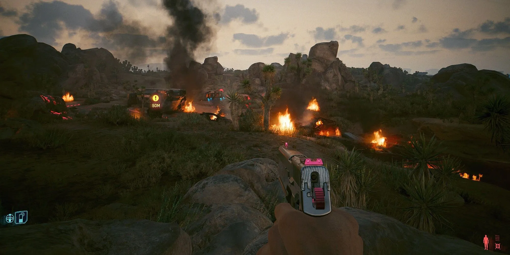 Nhân vật V trong Cyberpunk 2077 tham gia một cuộc đấu súng ở Badlands