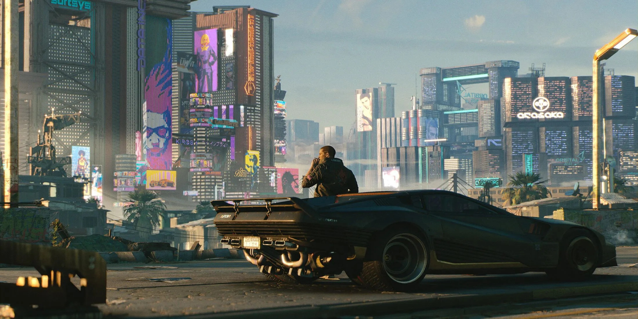 Nhân vật V và chiếc xe đứng bên ngoài thành phố Night City trong Cyberpunk 2077