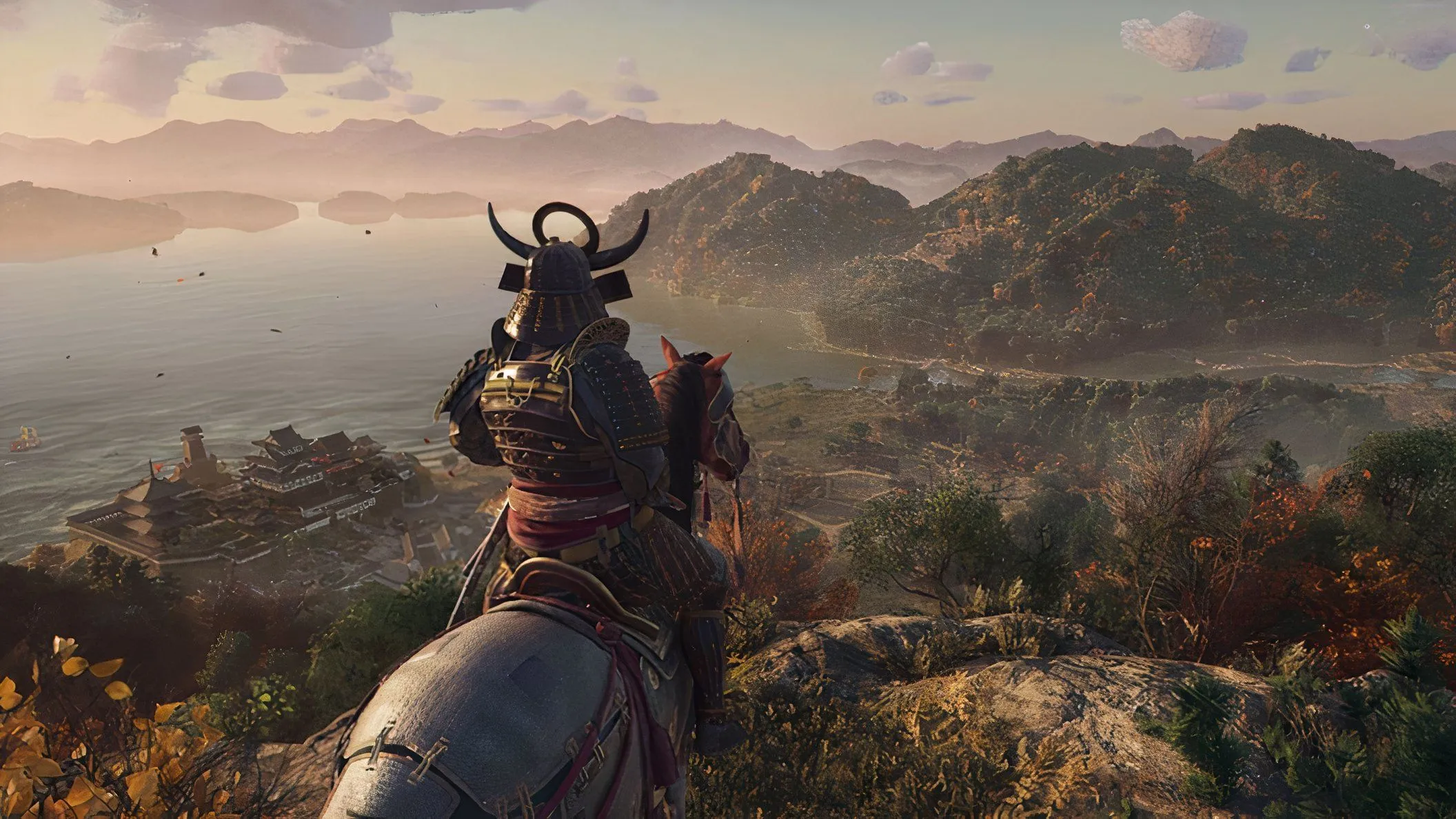 Nhân vật Yasuke trên lưng ngựa chiêm ngưỡng đồ họa thế giới mở rộng lớn trong Assassin's Creed Shadows