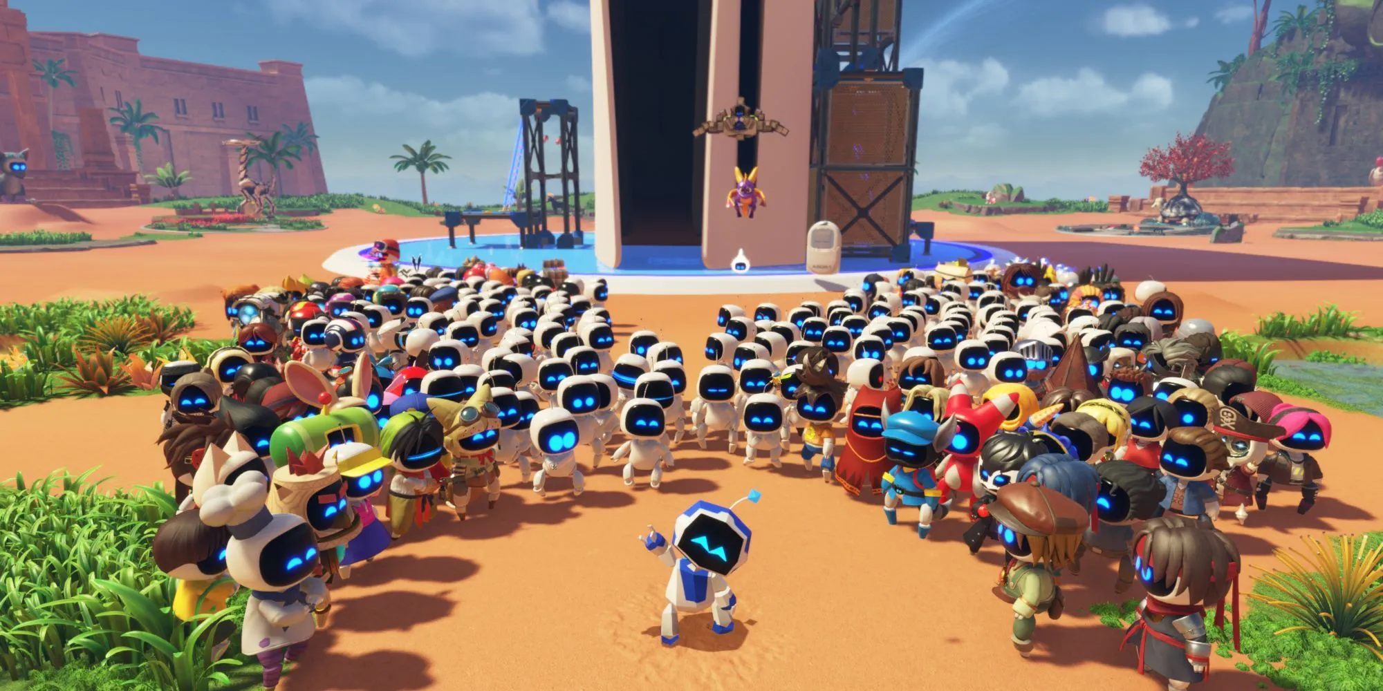 Nhiều bot xuất hiện cùng lúc trong Astro Bot, cho thấy sự tối ưu hiệu năng của game
